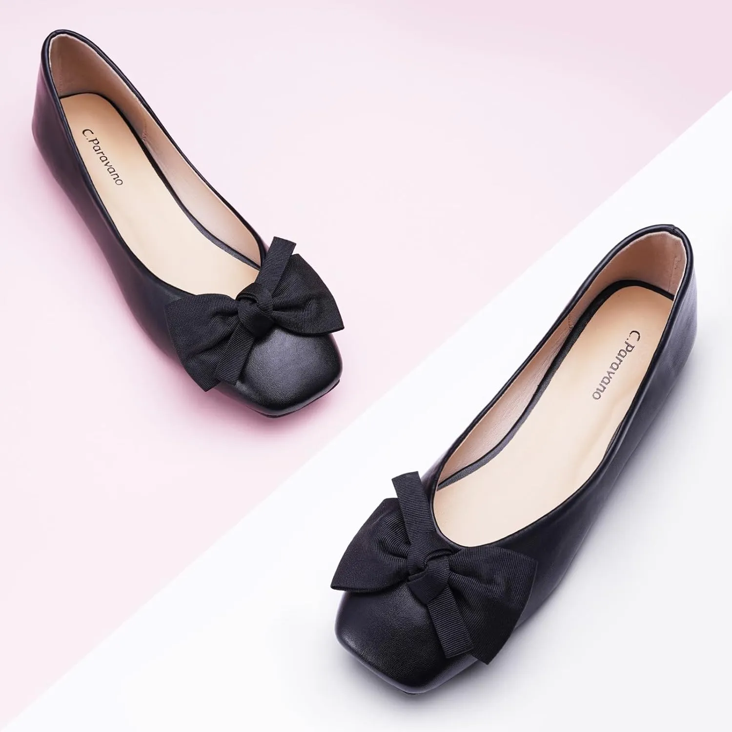 C.Paravano Women's Flats | Square Toe Shoes for Women | Leather Flat Shoes for Women | Slip On Ballet Flats