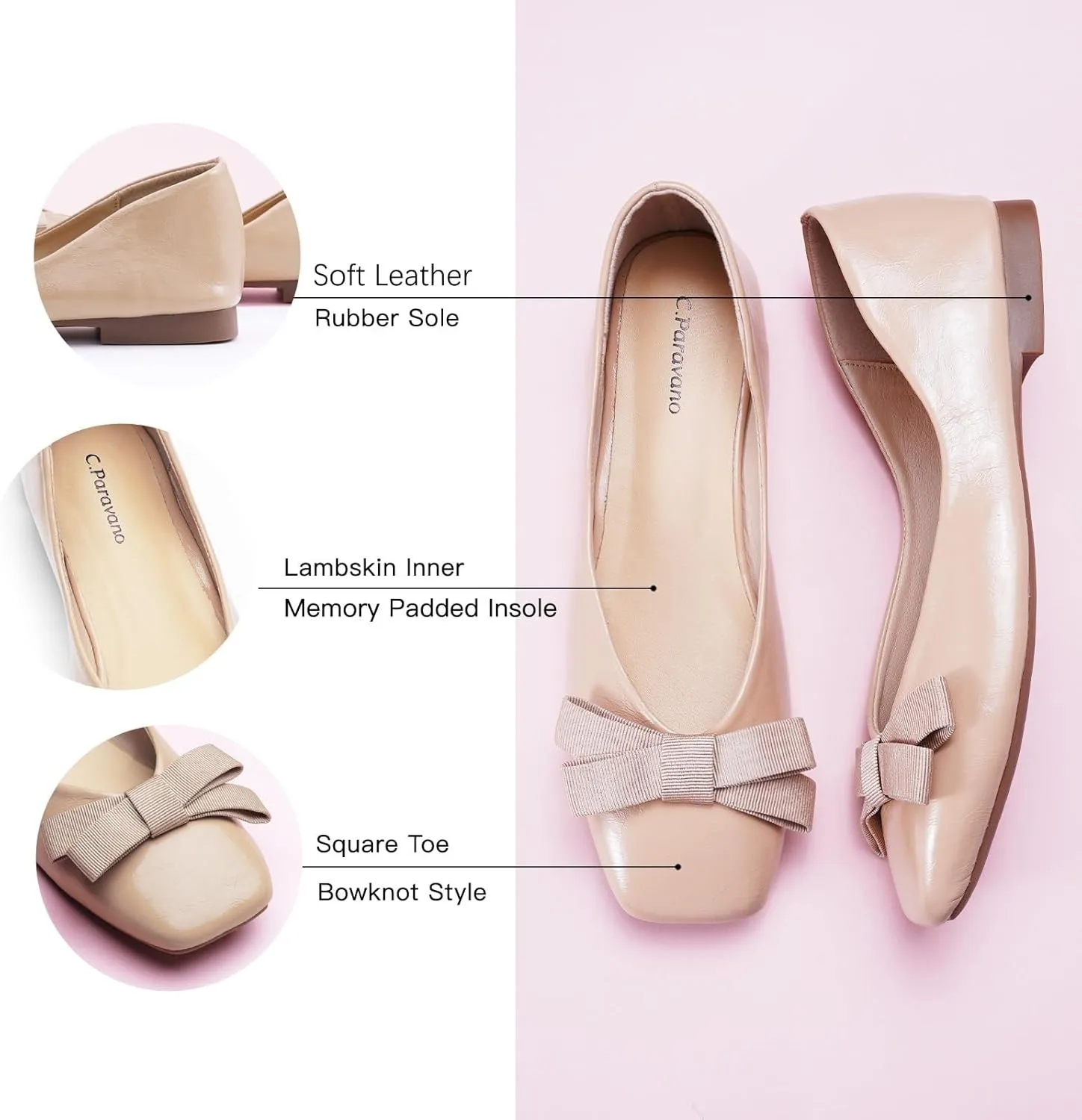 C.Paravano Women's Flats with Bowknot, Comfortable Square Toe Ballet Flats, Casual Slip On Shoes Flat, Women Dress Shoes for Walking Wedding Work Office