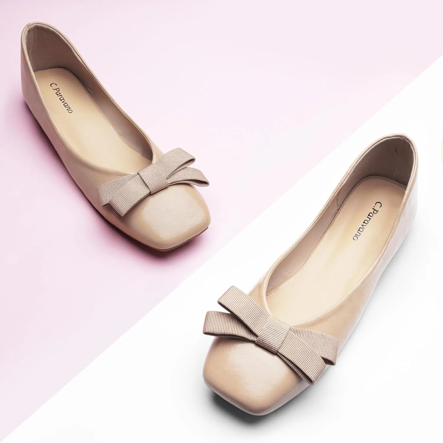 C.Paravano Women's Flats with Bowknot, Comfortable Square Toe Ballet Flats, Casual Slip On Shoes Flat, Women Dress Shoes for Walking Wedding Work Office