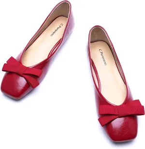 C.Paravano Women's Flats with Bowknot, Comfortable Square Toe Ballet Flats, Casual Slip On Shoes Flat, Women Dress Shoes for Walking Wedding Work Office