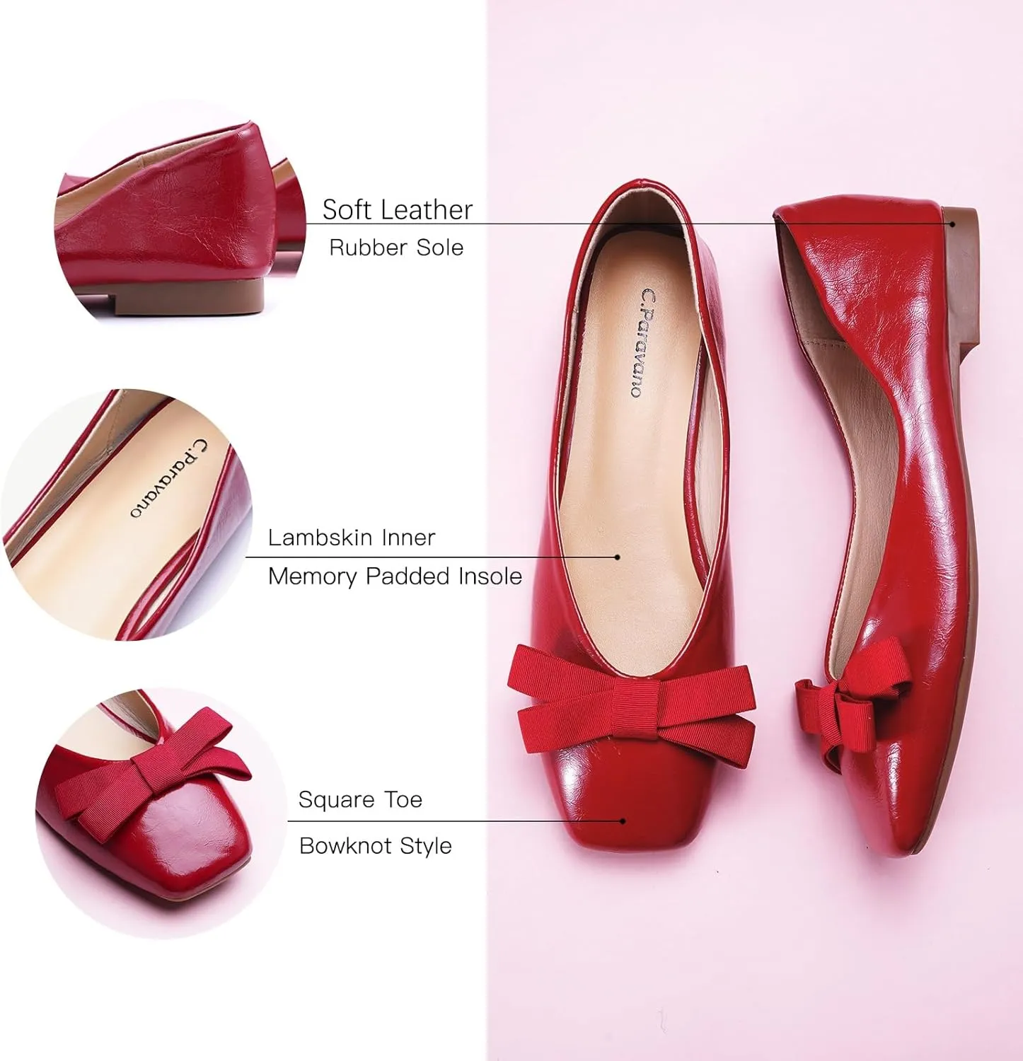 C.Paravano Women's Flats with Bowknot, Comfortable Square Toe Ballet Flats, Casual Slip On Shoes Flat, Women Dress Shoes for Walking Wedding Work Office