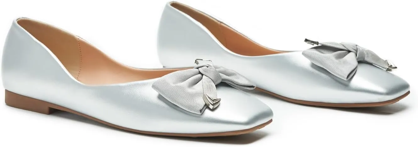 C.Paravano Women's Flats with Metallic Bow | Casual Square Toe Ballet Flats | Comfortable Slip On Shoes | Women Dressy Shoes for Walking Wedding Work Office