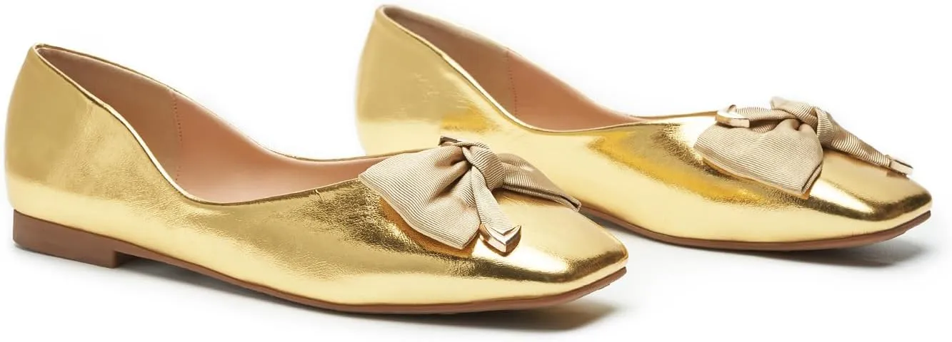 C.Paravano Women's Flats with Metallic Bow | Casual Square Toe Ballet Flats | Comfortable Slip On Shoes | Women Dressy Shoes for Walking Wedding Work Office