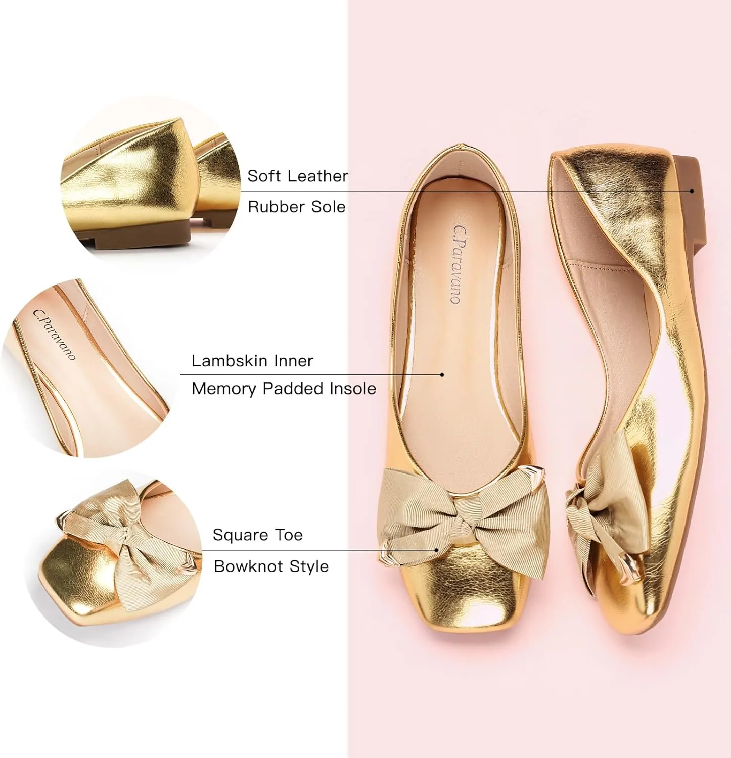 C.Paravano Women's Flats with Metallic Bow | Casual Square Toe Ballet Flats | Comfortable Slip On Shoes | Women Dressy Shoes for Walking Wedding Work Office