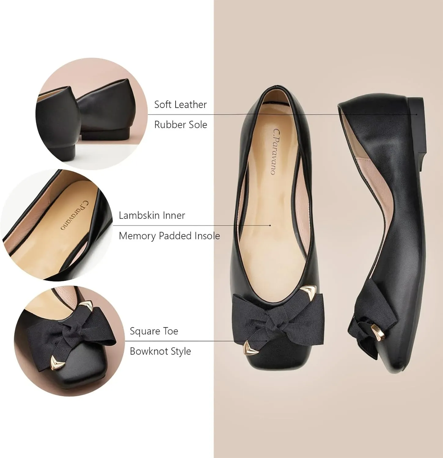 C.Paravano Women's Flats with Metallic Bow | Casual Square Toe Ballet Flats | Comfortable Slip On Shoes | Women Dressy Shoes for Walking Wedding Work Office