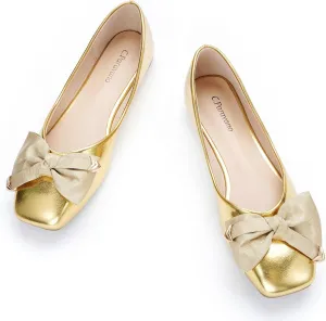 C.Paravano Women's Flats with Metallic Bow | Casual Square Toe Ballet Flats | Comfortable Slip On Shoes | Women Dressy Shoes for Walking Wedding Work Office