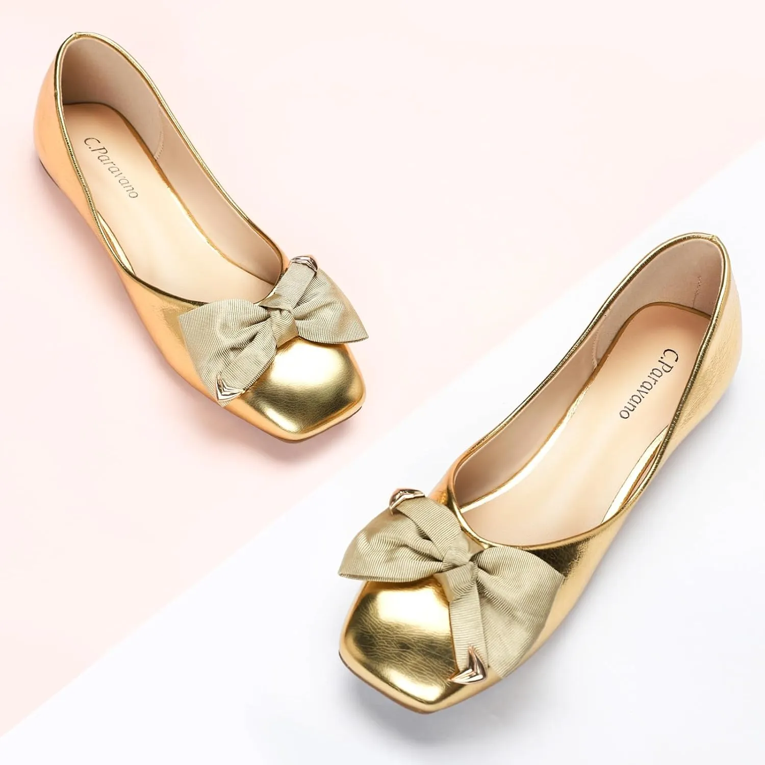 C.Paravano Women's Flats with Metallic Bow | Casual Square Toe Ballet Flats | Comfortable Slip On Shoes | Women Dressy Shoes for Walking Wedding Work Office