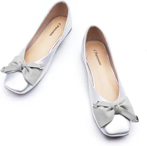 C.Paravano Women's Flats with Metallic Bow | Casual Square Toe Ballet Flats | Comfortable Slip On Shoes | Women Dressy Shoes for Walking Wedding Work Office