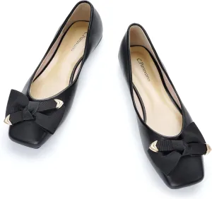 C.Paravano Women's Flats with Metallic Bow | Casual Square Toe Ballet Flats | Comfortable Slip On Shoes | Women Dressy Shoes for Walking Wedding Work Office