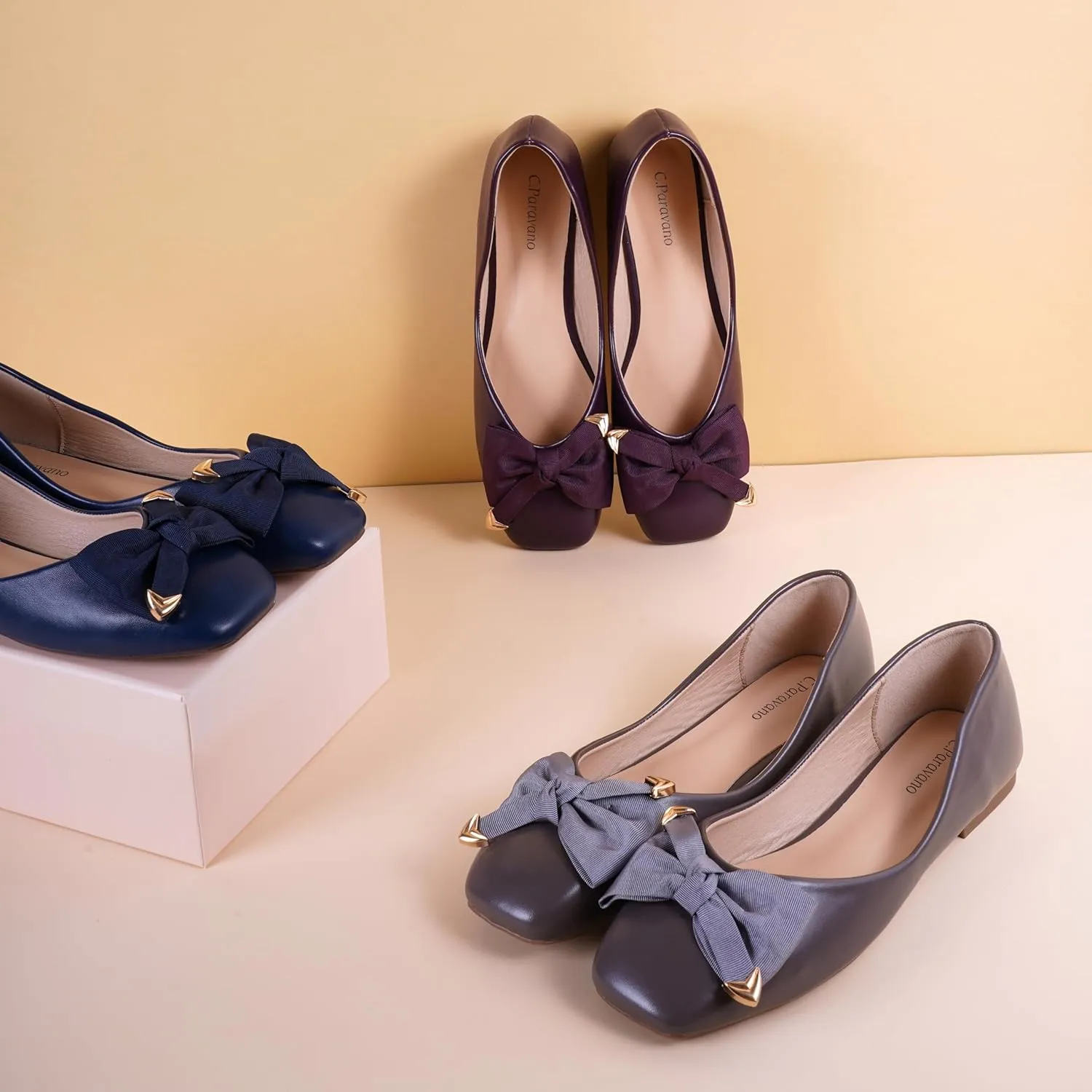 C.Paravano Women's Flats with Metallic Bow | Casual Square Toe Ballet Flats | Comfortable Slip On Shoes | Women Dressy Shoes for Walking Wedding Work Office