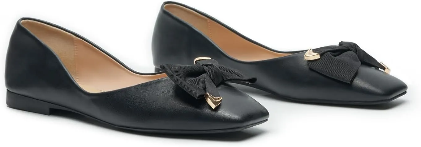 C.Paravano Women's Flats with Metallic Bow | Casual Square Toe Ballet Flats | Comfortable Slip On Shoes | Women Dressy Shoes for Walking Wedding Work Office