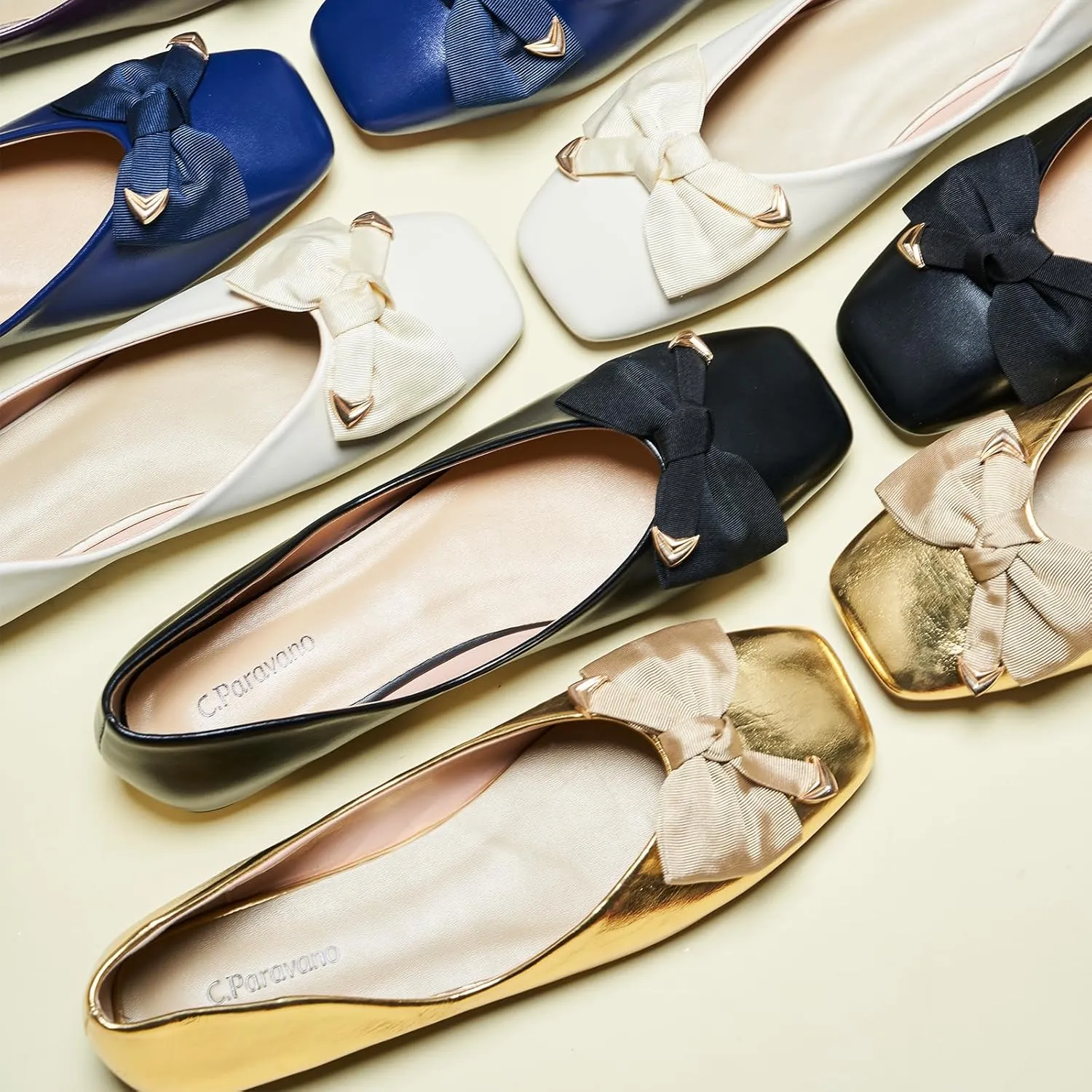 C.Paravano Women's Flats with Metallic Bow | Casual Square Toe Ballet Flats | Comfortable Slip On Shoes | Women Dressy Shoes for Walking Wedding Work Office