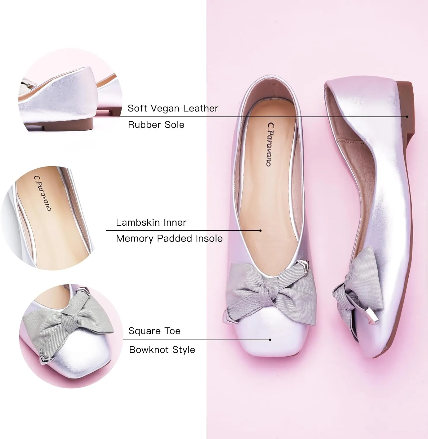 C.Paravano Women's Flats with Metallic Bow | Casual Square Toe Ballet Flats | Comfortable Slip On Shoes | Women Dressy Shoes for Walking Wedding Work Office