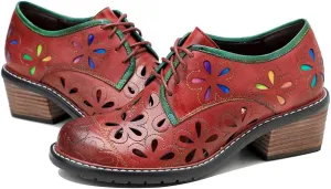 CrazycatZ Women's Leather Oxford Shoes Perforated Lace up Wingtip Colorful Leather Oxfords Vintage