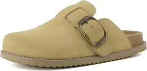 CUSHIONAIRE Women's Blain Genuine Suede Slip-On Clogs with   Memory Foam & Chic Buckle Mule - Comfortable, Non-Slip, Wide Widths Available