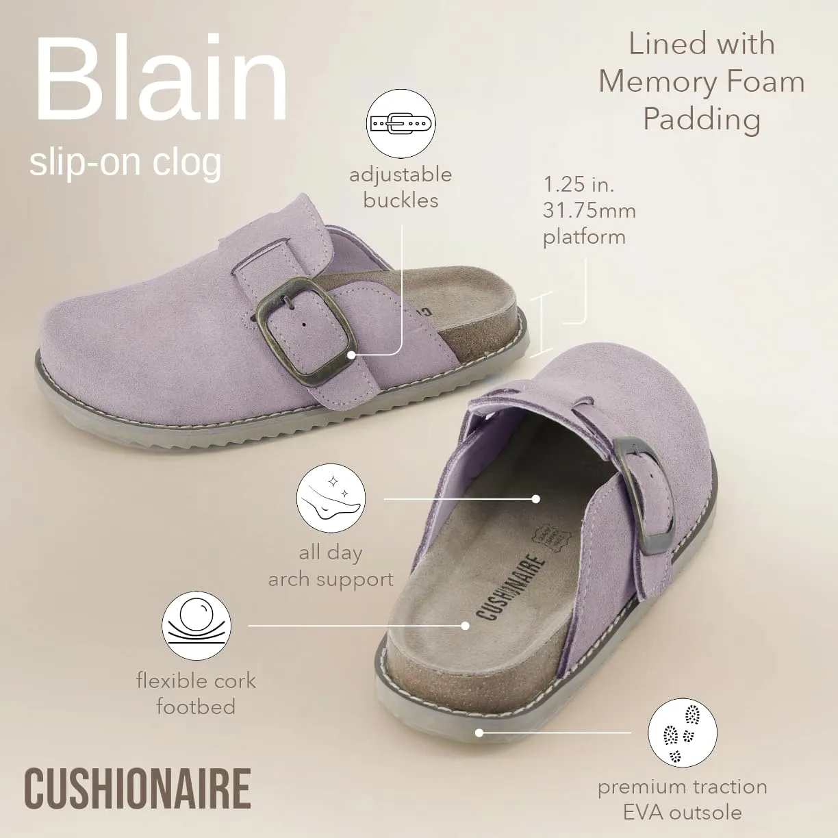 CUSHIONAIRE Women's Blain Genuine Suede Slip-On Clogs with   Memory Foam & Chic Buckle Mule - Comfortable, Non-Slip, Wide Widths Available