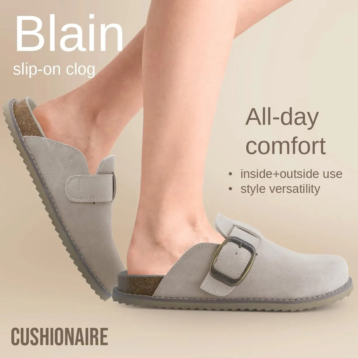 CUSHIONAIRE Women's Blain Genuine Suede Slip-On Clogs with   Memory Foam & Chic Buckle Mule - Comfortable, Non-Slip, Wide Widths Available