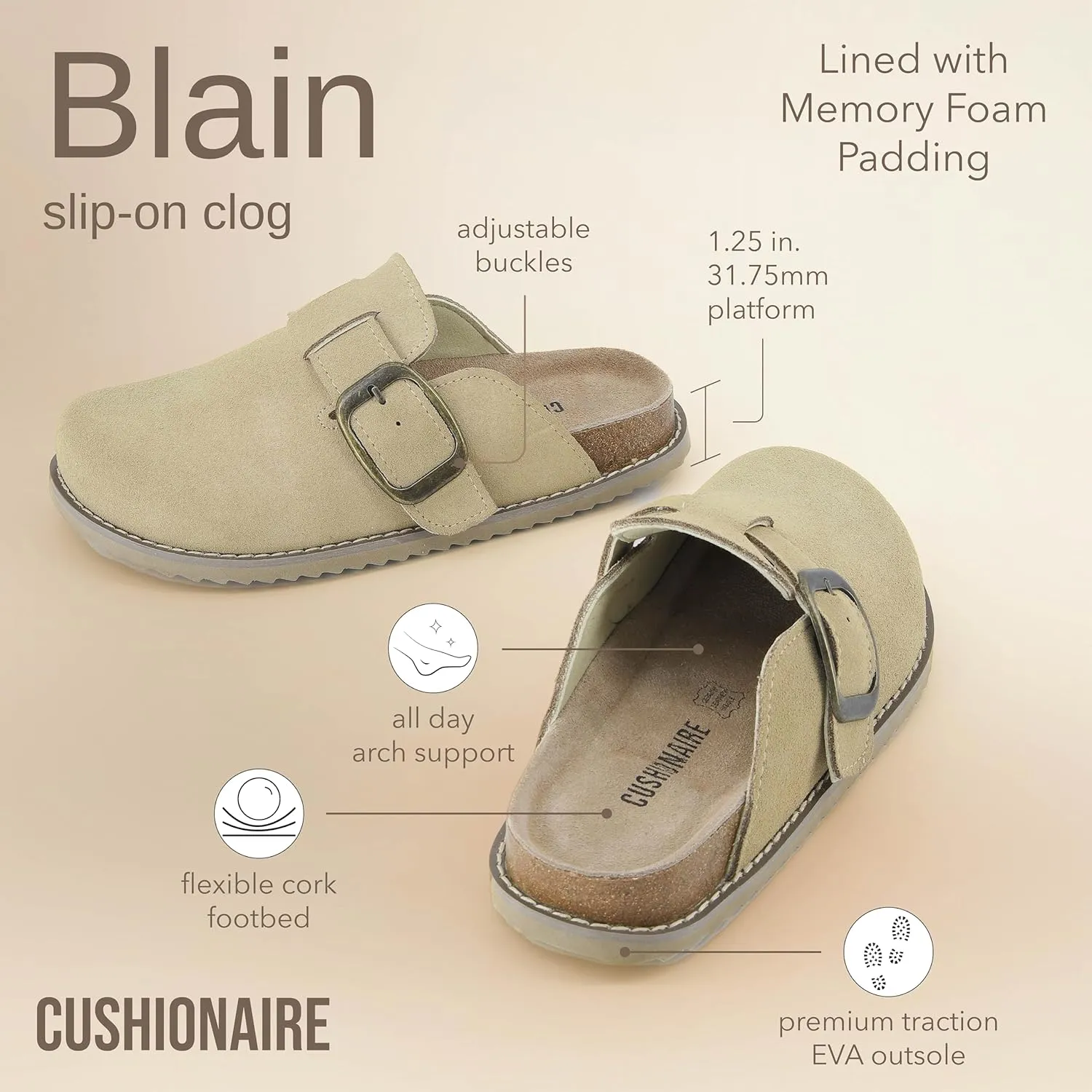 CUSHIONAIRE Women's Blain Genuine Suede Slip-On Clogs with   Memory Foam & Chic Buckle Mule - Comfortable, Non-Slip, Wide Widths Available