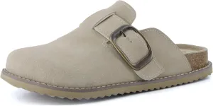 CUSHIONAIRE Women's Blain Genuine Suede Slip-On Clogs with   Memory Foam & Chic Buckle Mule - Comfortable, Non-Slip, Wide Widths Available