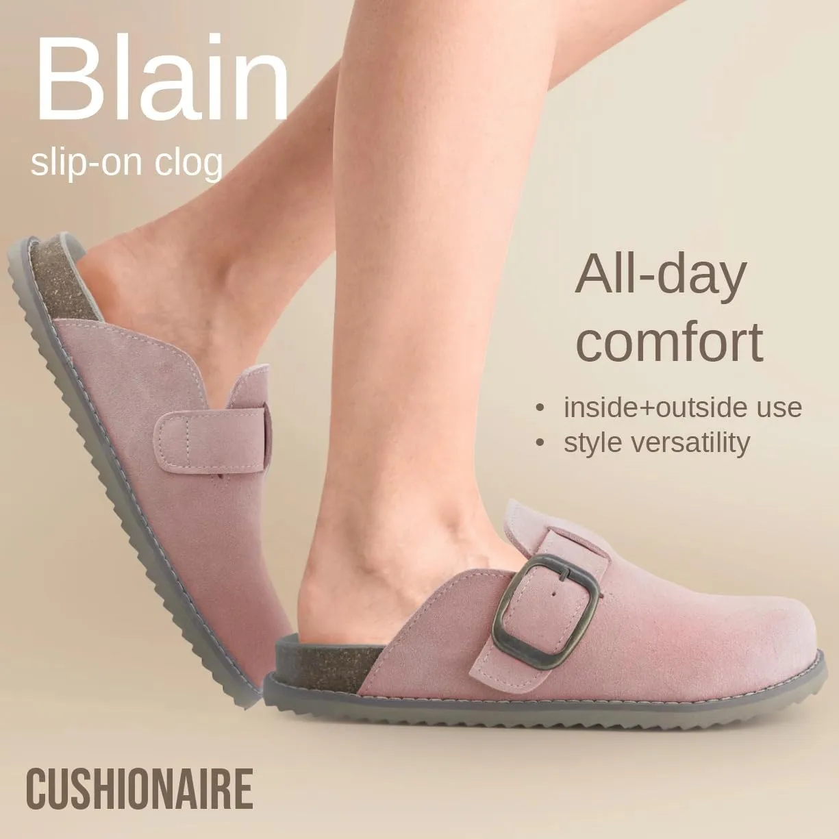CUSHIONAIRE Women's Blain Genuine Suede Slip-On Clogs with   Memory Foam & Chic Buckle Mule - Comfortable, Non-Slip, Wide Widths Available