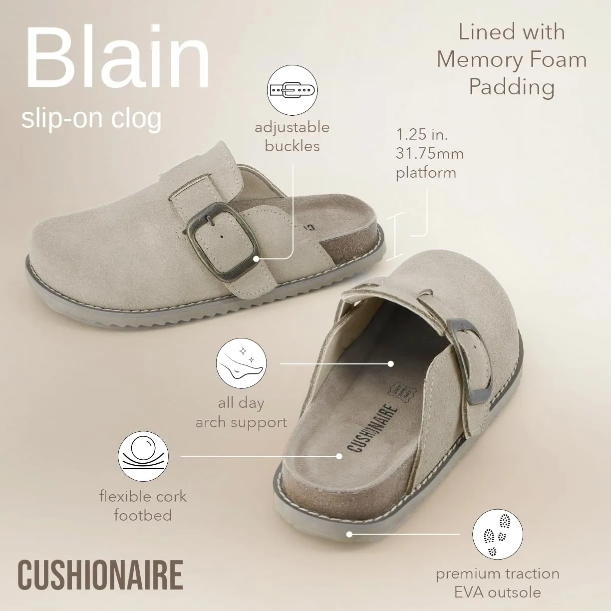 CUSHIONAIRE Women's Blain Genuine Suede Slip-On Clogs with   Memory Foam & Chic Buckle Mule - Comfortable, Non-Slip, Wide Widths Available
