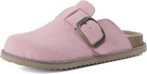 CUSHIONAIRE Women's Blain Genuine Suede Slip-On Clogs with   Memory Foam & Chic Buckle Mule - Comfortable, Non-Slip, Wide Widths Available