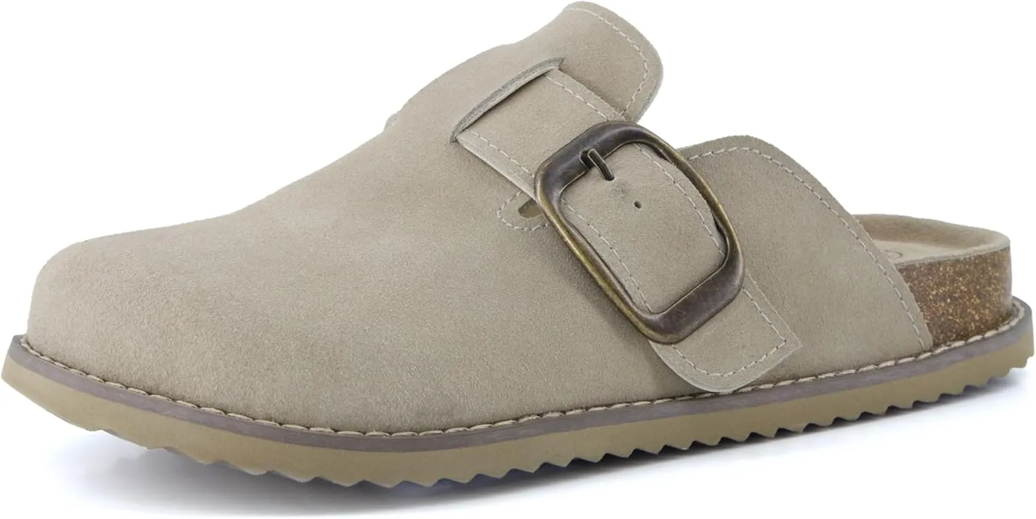 CUSHIONAIRE Women's Blain Genuine Suede Slip-On Clogs with   Memory Foam & Chic Buckle Mule - Comfortable, Non-Slip, Wide Widths Available