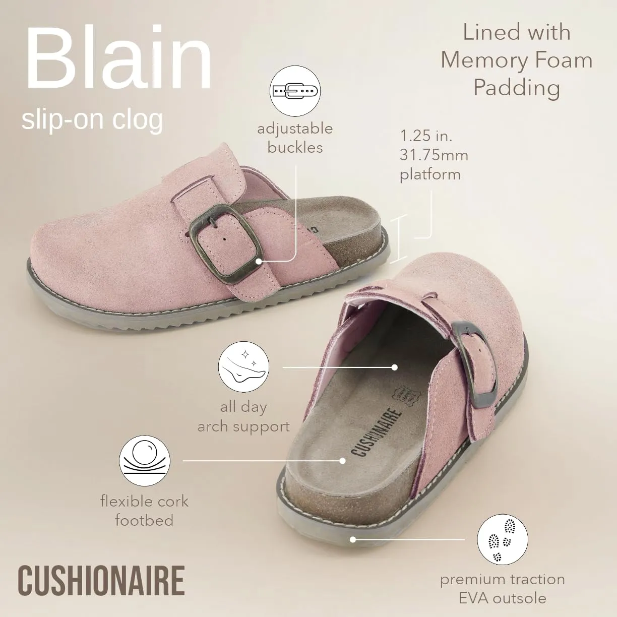 CUSHIONAIRE Women's Blain Genuine Suede Slip-On Clogs with   Memory Foam & Chic Buckle Mule - Comfortable, Non-Slip, Wide Widths Available