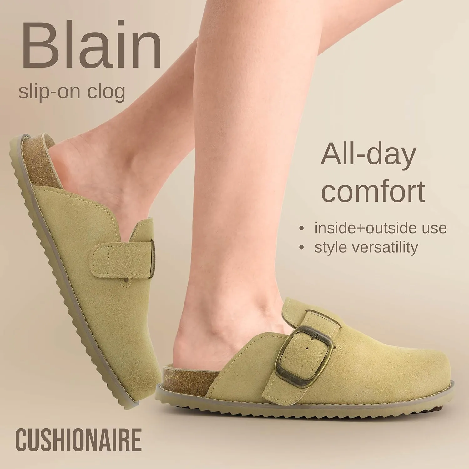 CUSHIONAIRE Women's Blain Genuine Suede Slip-On Clogs with   Memory Foam & Chic Buckle Mule - Comfortable, Non-Slip, Wide Widths Available
