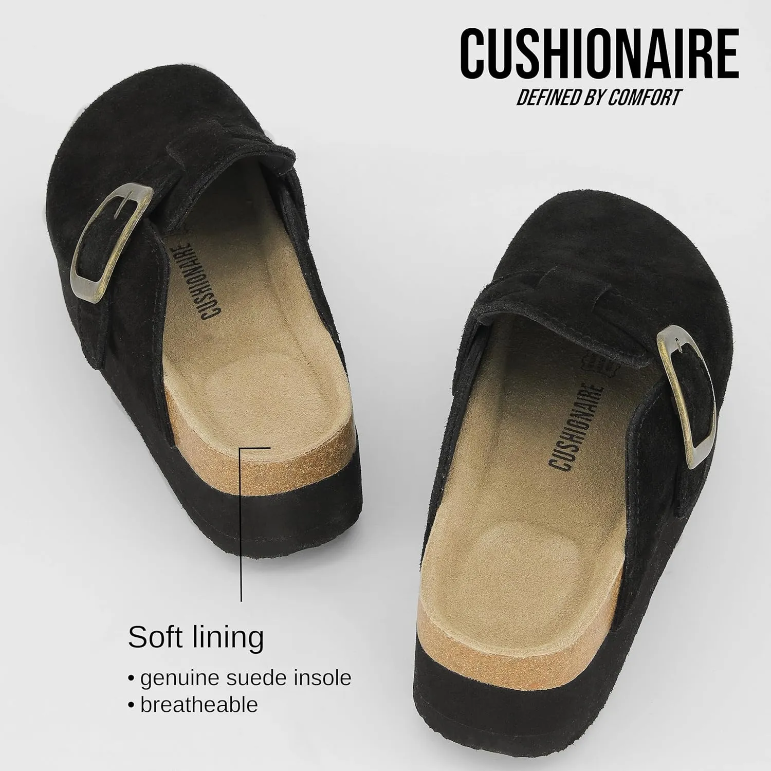 CUSHIONAIRE Women's Granola *Previous Buckle Issue Fixed* Genuine Suede Cork Footbed Platform Clog,  Comfort, Wide Widths Available