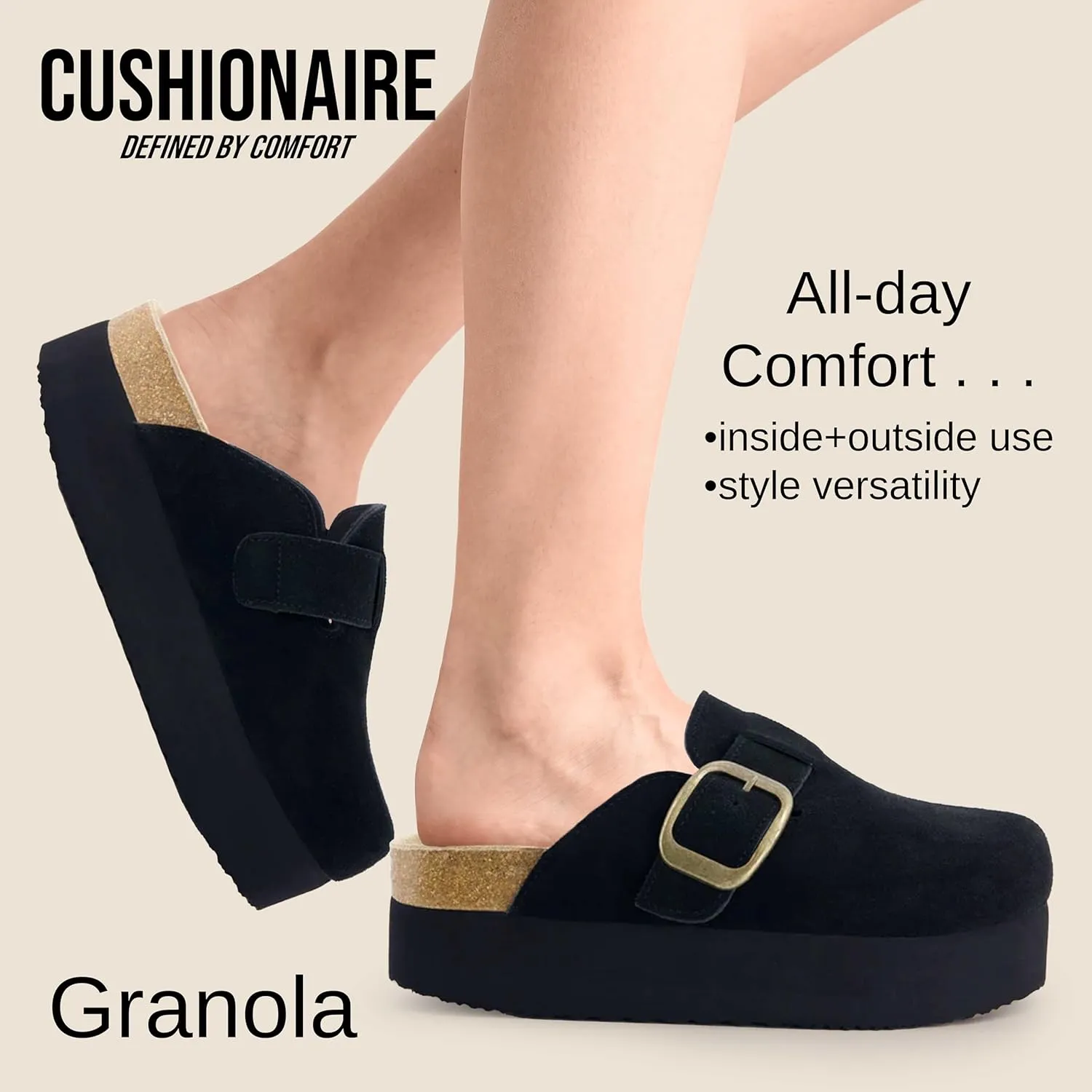 CUSHIONAIRE Women's Granola *Previous Buckle Issue Fixed* Genuine Suede Cork Footbed Platform Clog,  Comfort, Wide Widths Available