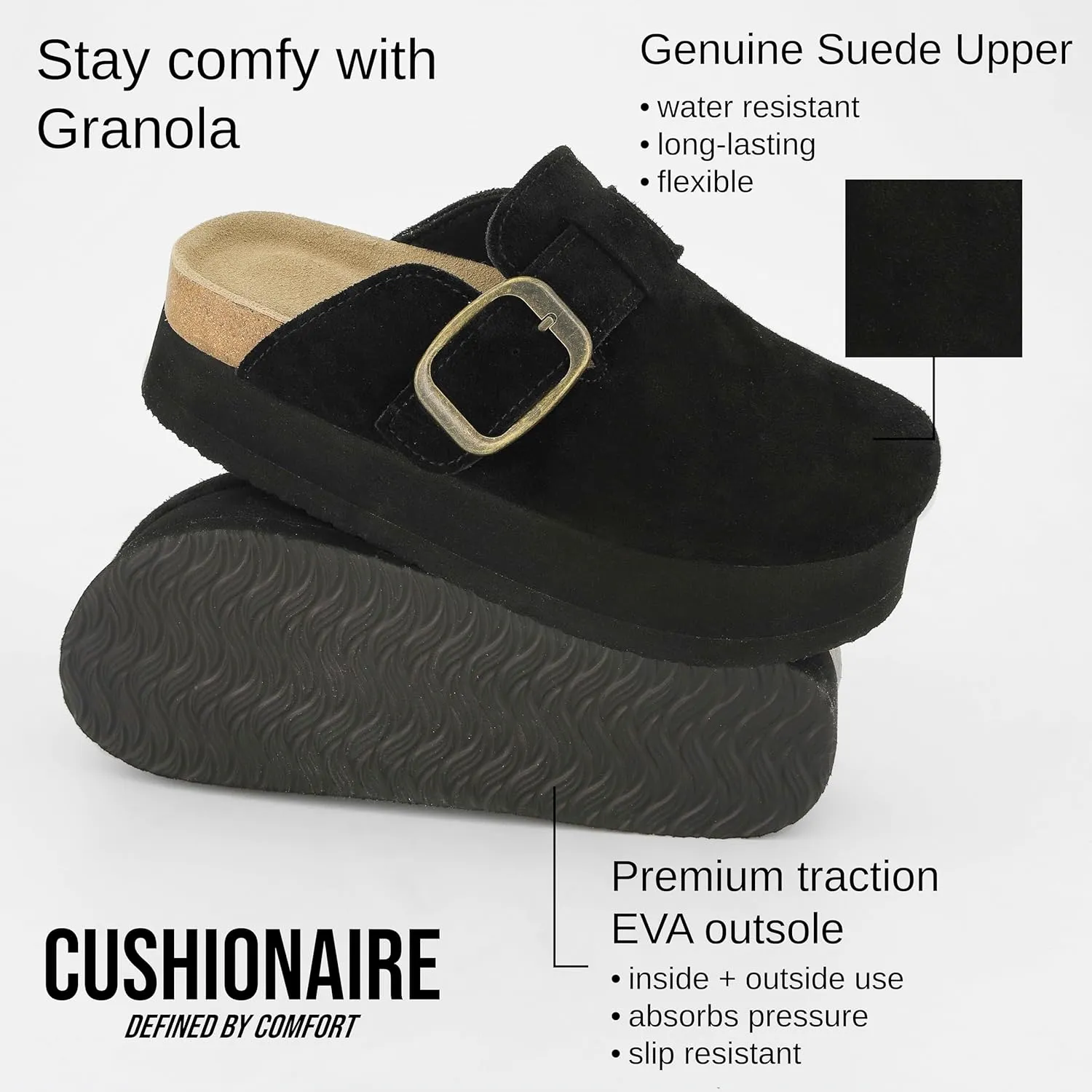 CUSHIONAIRE Women's Granola *Previous Buckle Issue Fixed* Genuine Suede Cork Footbed Platform Clog,  Comfort, Wide Widths Available