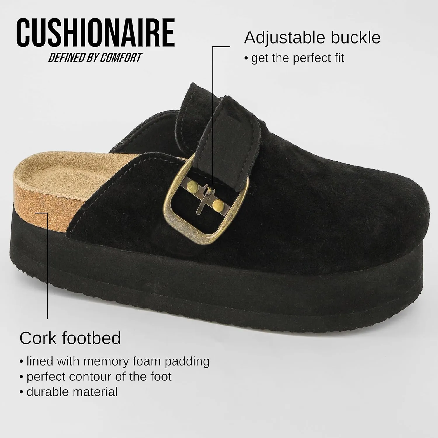 CUSHIONAIRE Women's Granola *Previous Buckle Issue Fixed* Genuine Suede Cork Footbed Platform Clog,  Comfort, Wide Widths Available