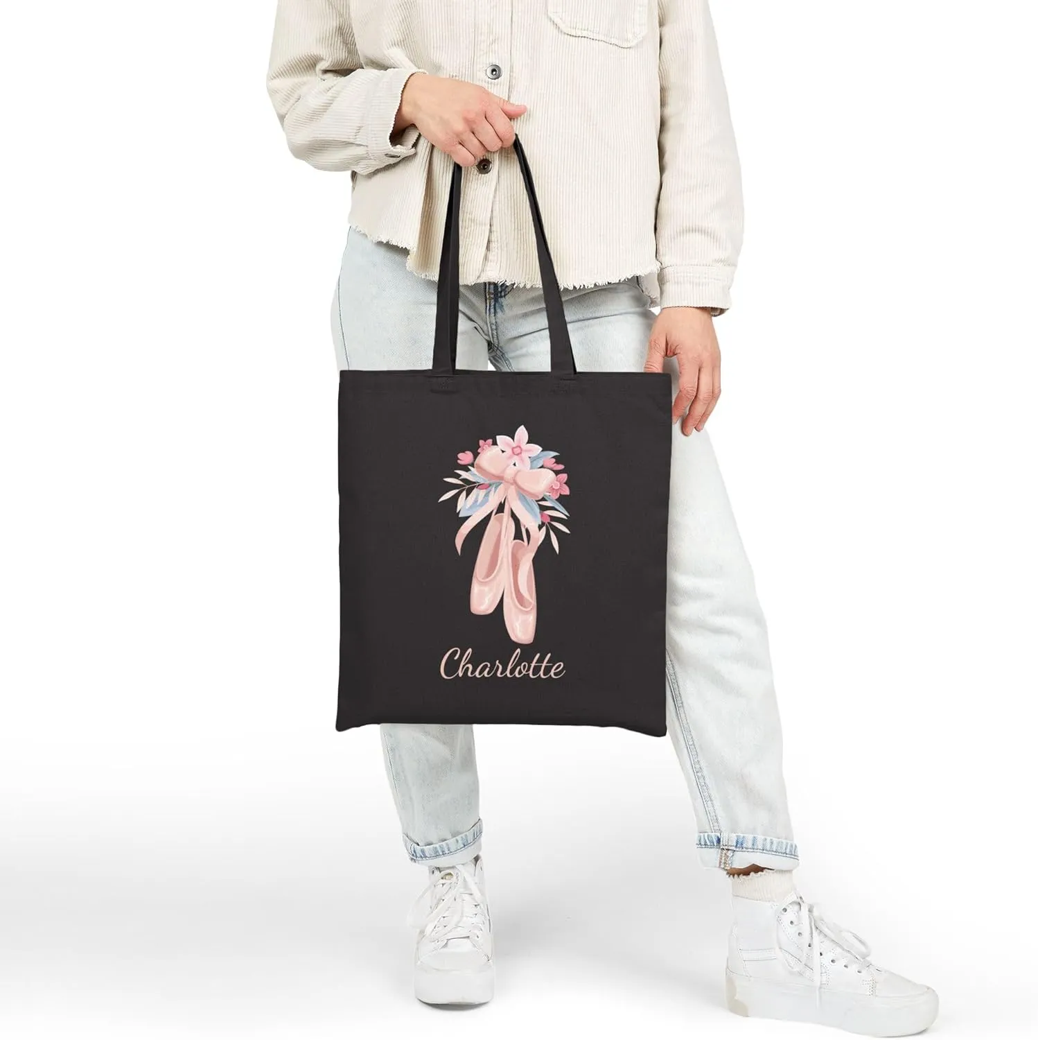 Custom Girls Pink Dancing Shoes Tote Bag, Ballet Dance Shoes Bag for Little Dancers, Kids Woman Fashion Accessory, 15" x 16"