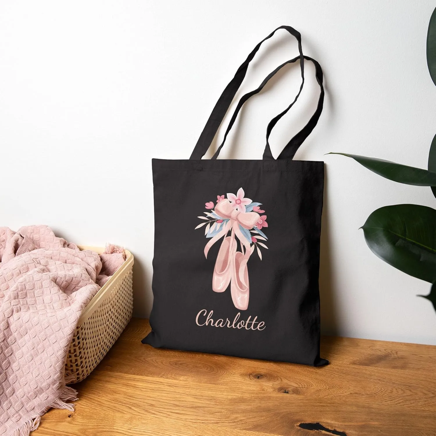 Custom Girls Pink Dancing Shoes Tote Bag, Ballet Dance Shoes Bag for Little Dancers, Kids Woman Fashion Accessory, 15" x 16"