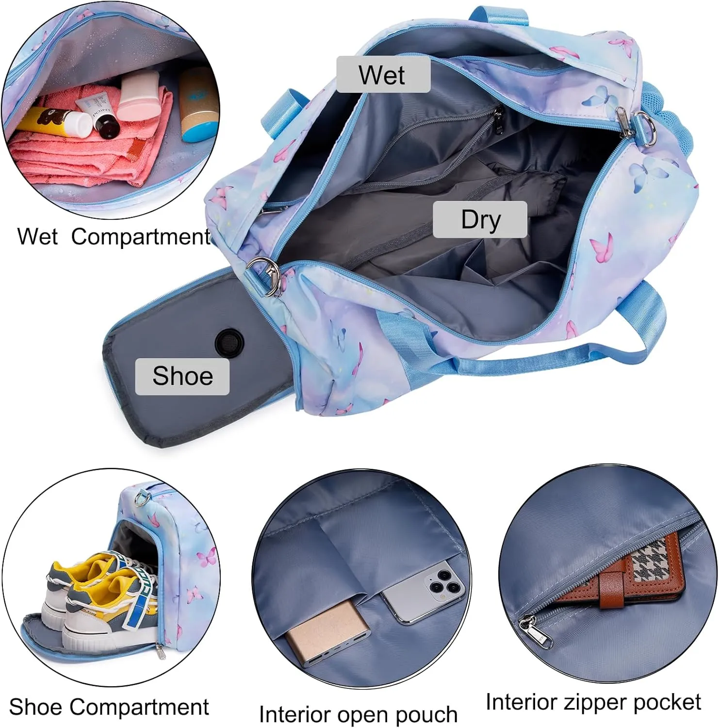 Cute Ballet Dance Bag Butterfly Dance Bag Sports Bag Gym Bag Duffle Bag Travel Bag for Girls with Shoes Compartment