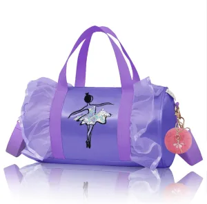 Cute Ballet Dance Bag Kids Tutu Dress Bag Girls Dance Bag Polyester Personalized Waterproof Gym Bag with Key Chain Cute Plush Hanging Pink ball(Purple)