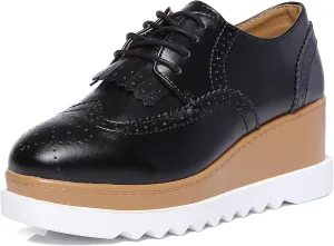 DADAWEN Women's Fashion Tassels Square-Toe Lace-up Platform Wedge Oxford Shoes