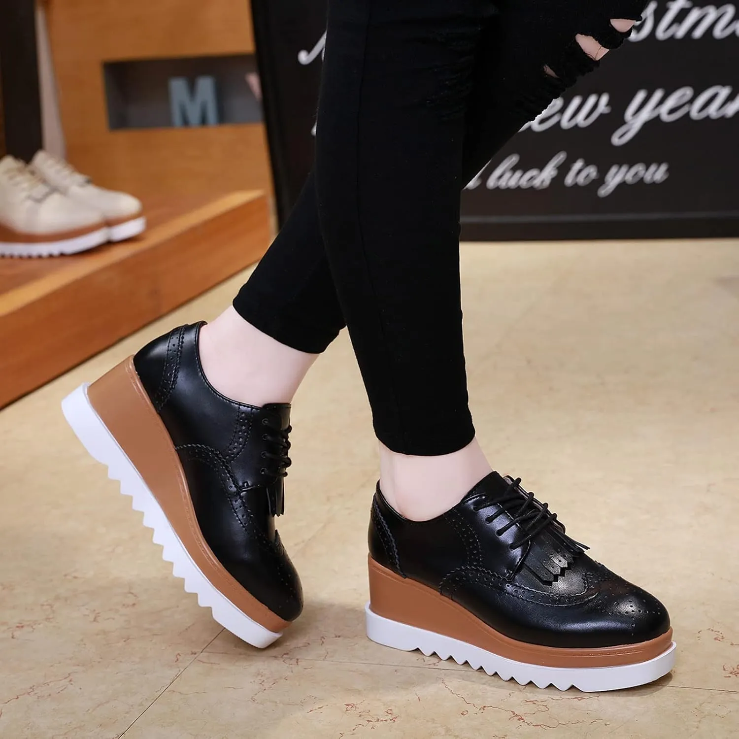 DADAWEN Women's Fashion Tassels Square-Toe Lace-up Platform Wedge Oxford Shoes