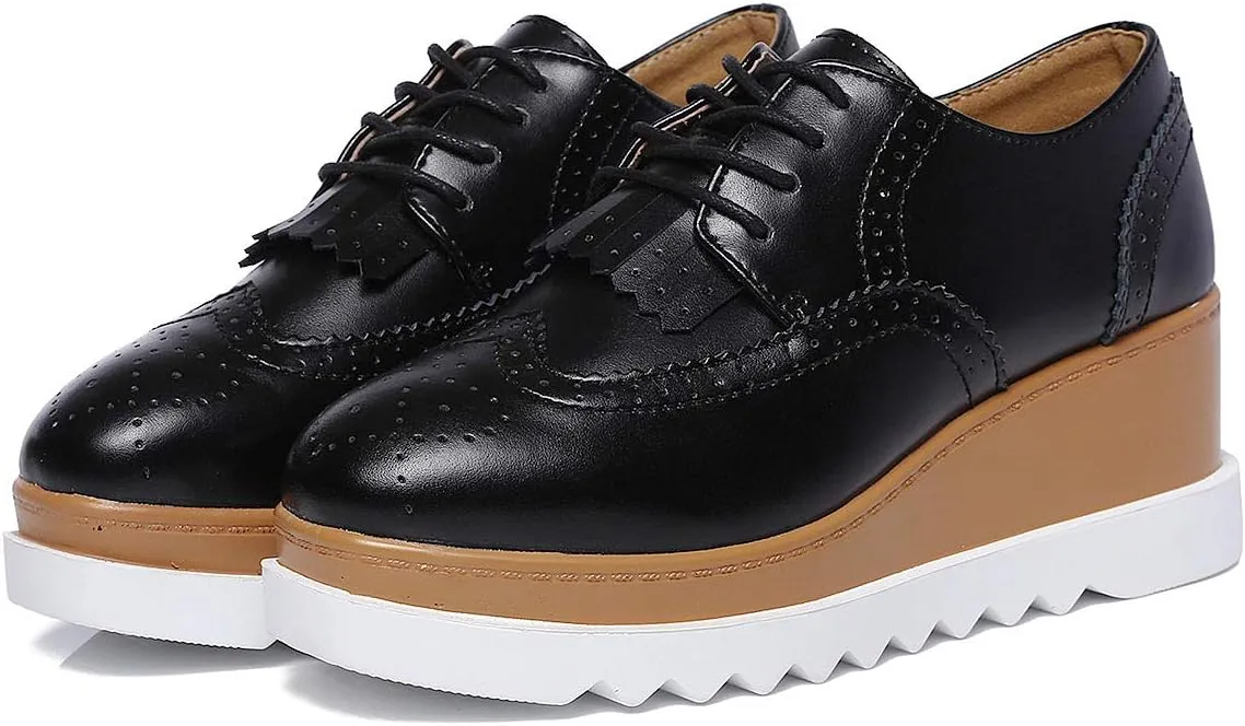 DADAWEN Women's Fashion Tassels Square-Toe Lace-up Platform Wedge Oxford Shoes