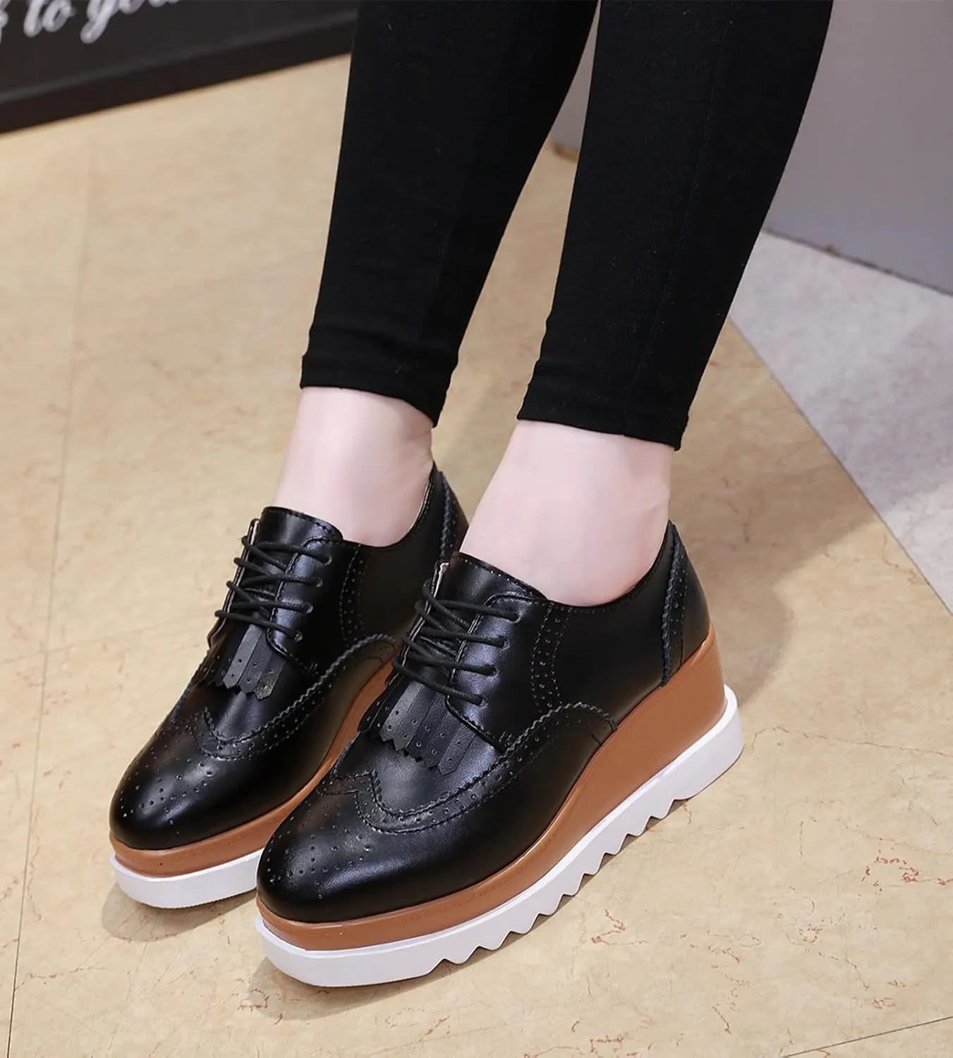 DADAWEN Women's Fashion Tassels Square-Toe Lace-up Platform Wedge Oxford Shoes