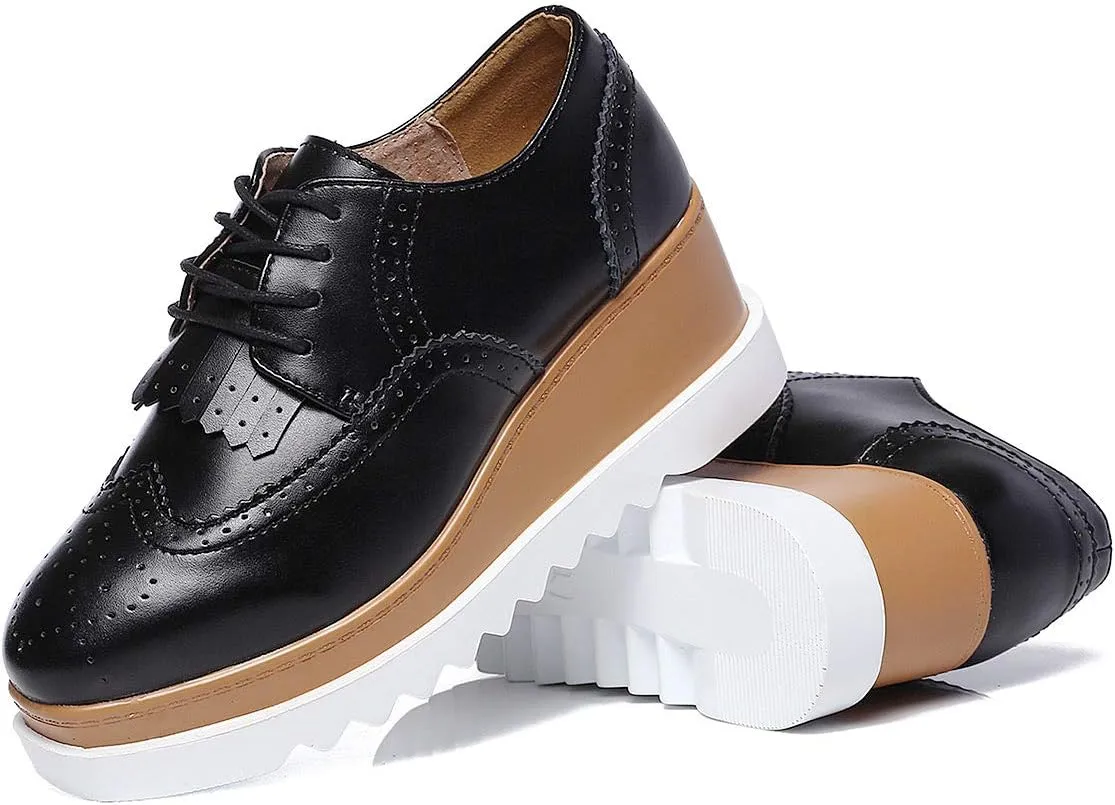 DADAWEN Women's Fashion Tassels Square-Toe Lace-up Platform Wedge Oxford Shoes