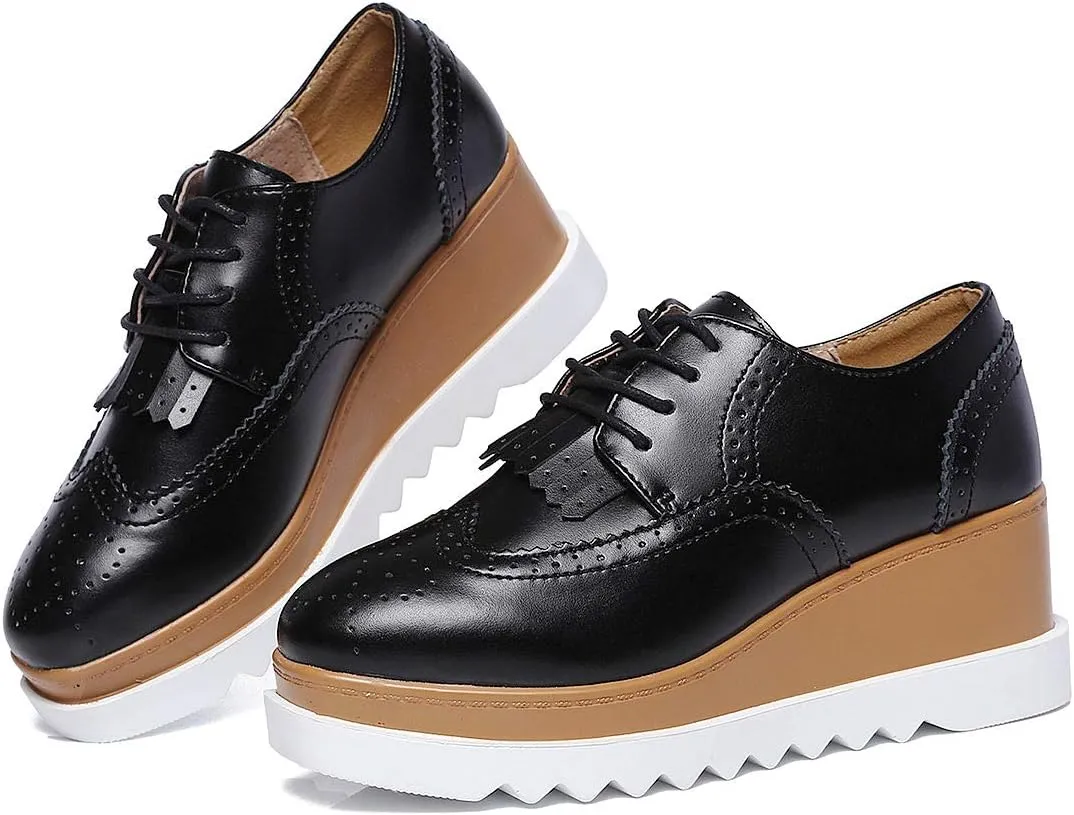 DADAWEN Women's Fashion Tassels Square-Toe Lace-up Platform Wedge Oxford Shoes