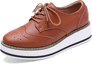 DADAWEN Women's Platform Lace-Up Wingtips Square Toe Oxfords Shoe