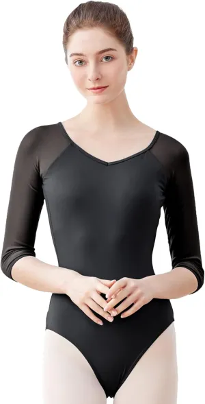 Daydance 3/4 Sleeve Black Leotards for Women, Skirted Ballet Dress Adult Dance Attire