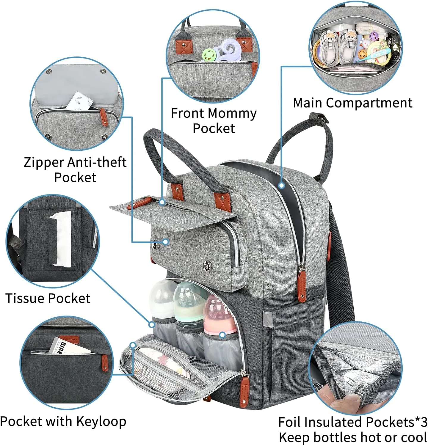 Diaper Backpack,Roomy Baby nappy bag with Insulated Pockets and Stroller Straps for boy and girl, Large diaper backpack gift for dad and mom for work travel and holiday, Gray