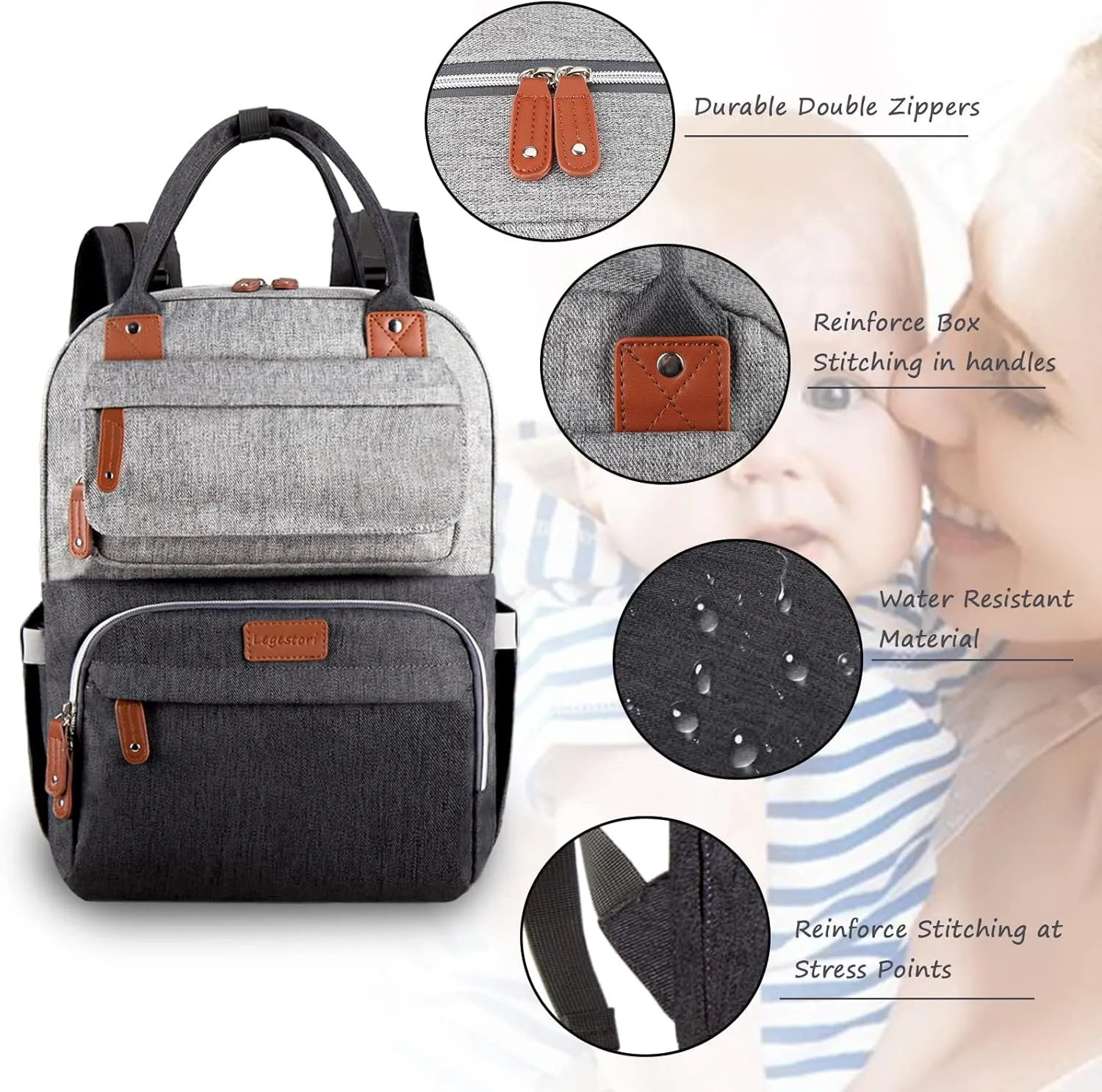 Diaper Backpack,Roomy Baby nappy bag with Insulated Pockets and Stroller Straps for boy and girl, Large diaper backpack gift for dad and mom for work travel and holiday, Gray