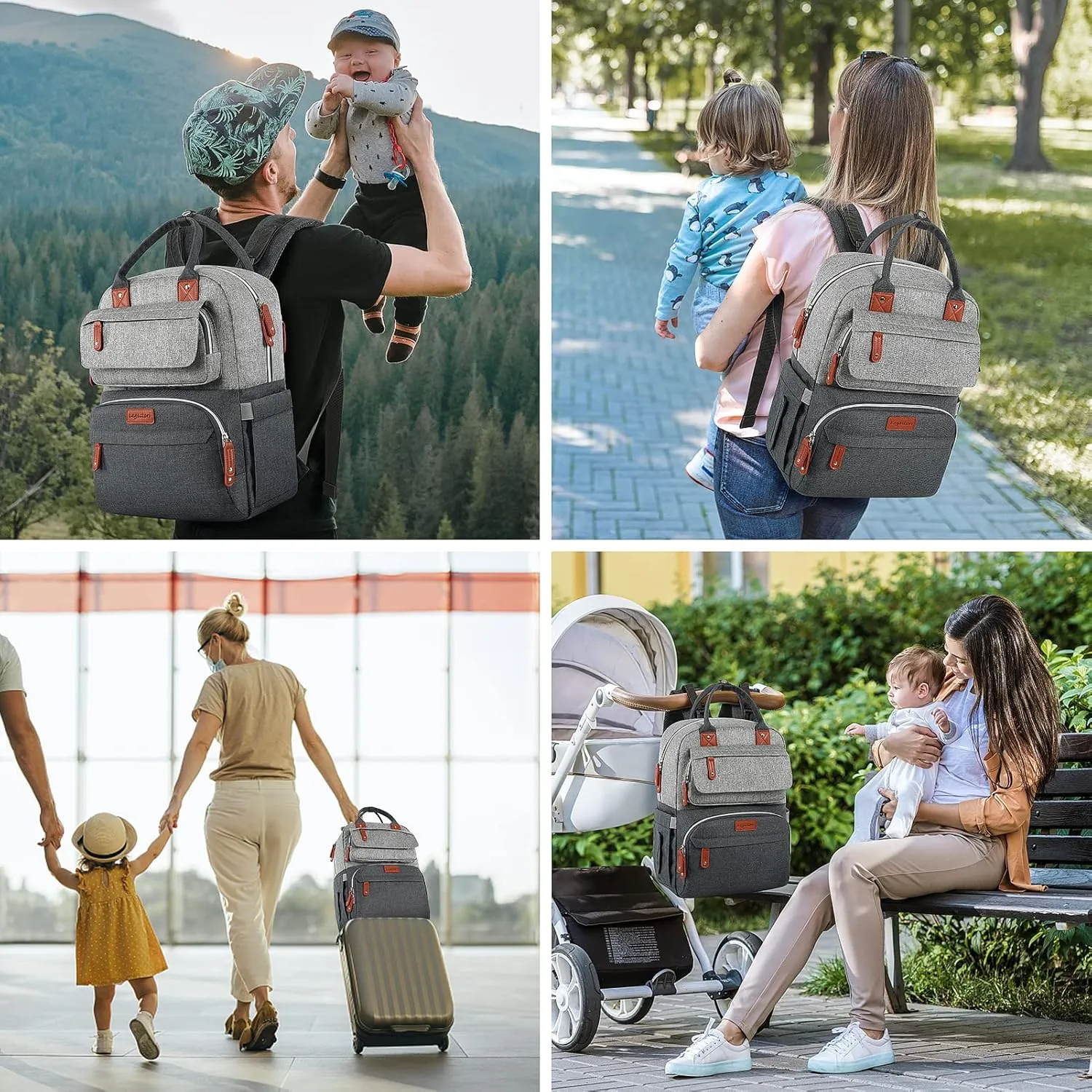 Diaper Backpack,Roomy Baby nappy bag with Insulated Pockets and Stroller Straps for boy and girl, Large diaper backpack gift for dad and mom for work travel and holiday, Gray