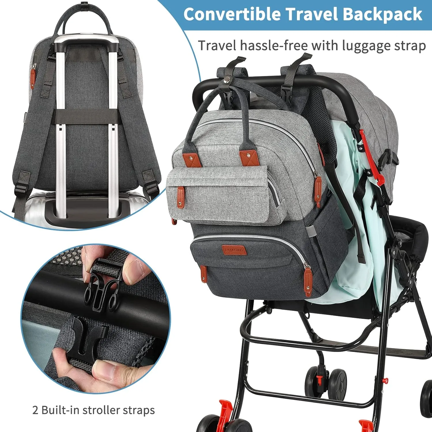 Diaper Backpack,Roomy Baby nappy bag with Insulated Pockets and Stroller Straps for boy and girl, Large diaper backpack gift for dad and mom for work travel and holiday, Gray