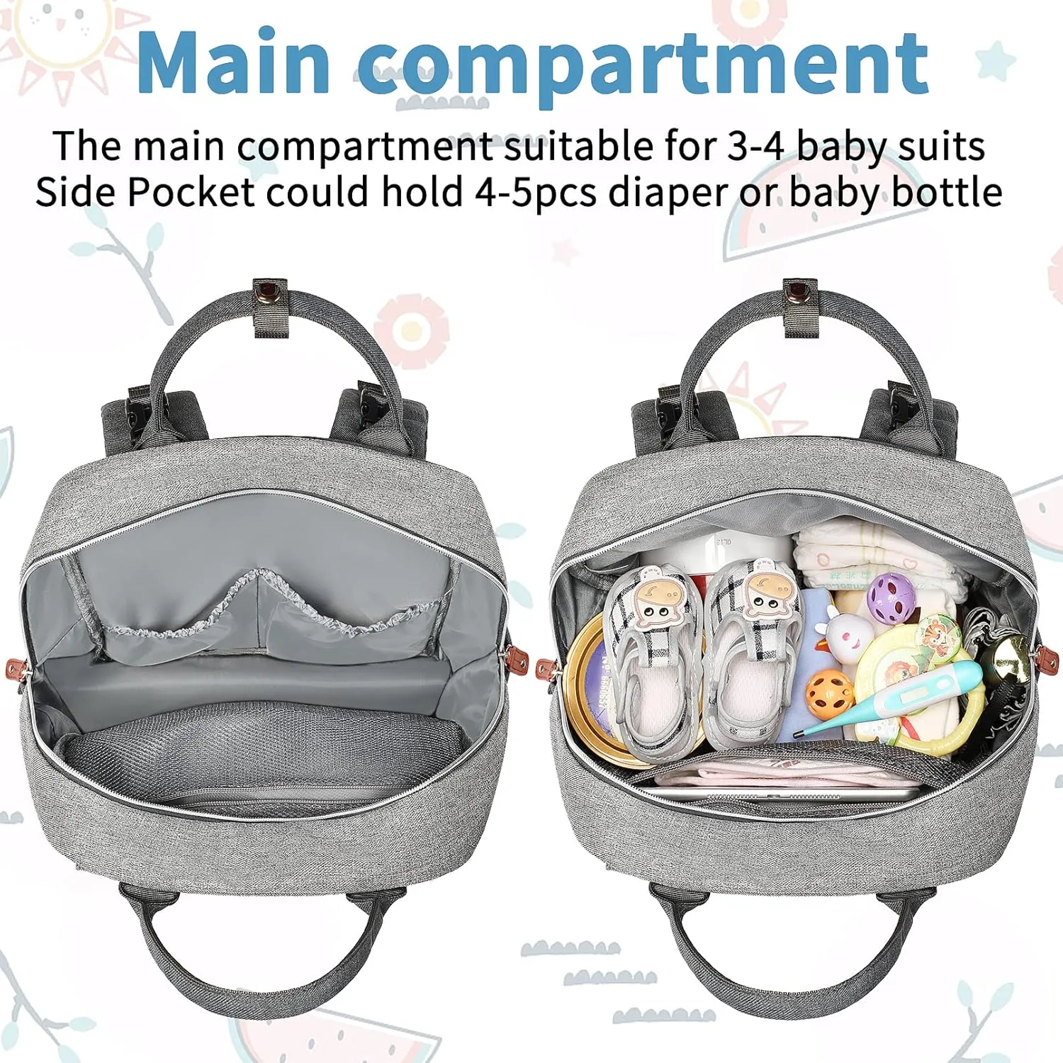 Diaper Backpack,Roomy Baby nappy bag with Insulated Pockets and Stroller Straps for boy and girl, Large diaper backpack gift for dad and mom for work travel and holiday, Gray